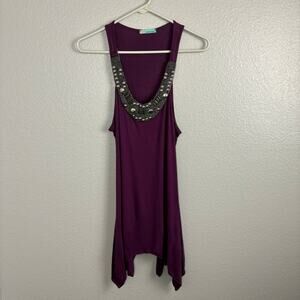 Queen Esther Size Medium High Low Purple Silver Tank Top Chunky Beaded Neck
